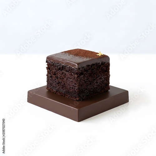 Square chocolate sponge cake piece on dark chocolate base with chocolate