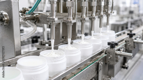 Automated machinery dispensing cosmetic cream into plastic jars on a modern production line. Concept of cosmetics manufacturing, packaging and industrial automation.