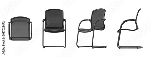 Принти на полотні Modern black mesh chair with cantilever base and armrests, displayed from multip
