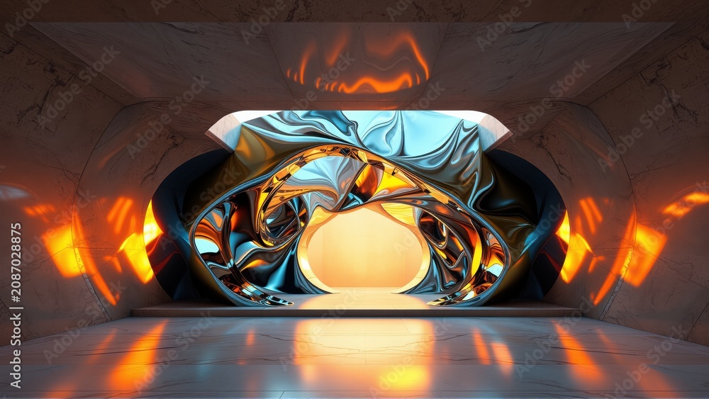 Fototapeta premium Futuristic tunnel interior. Metallic sculpture glows warmly, reflecting light. Smooth surfaces, dark ambiance, abstract design.