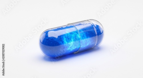 Obraz na plátně Clear pharmaceutical capsule filled glowing blue powder cognitive enhancement co