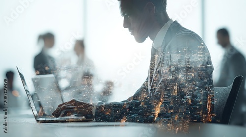 Business professional working on laptop in office with double exposure networking concept, futuristic cinematic scene with red-toned digital technology atmosphere