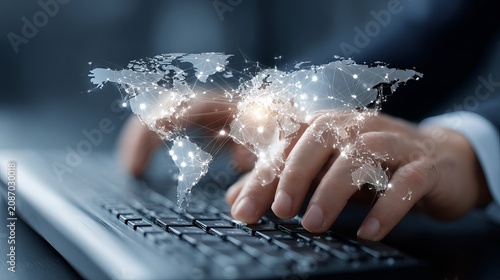 Business professional typing on computer keyboard with glowing connected world map in futuristic red-toned cinematic digital environment.