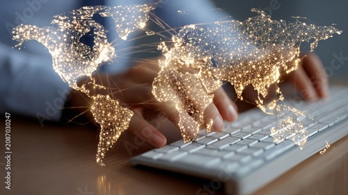 Business professional typing on computer keyboard with glowing connected world map in futuristic red-toned cinematic digital environment.