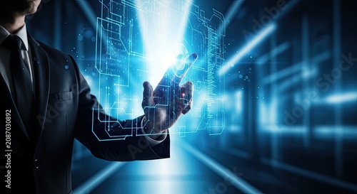 Businessman interacting with holographic digital circuit board technology