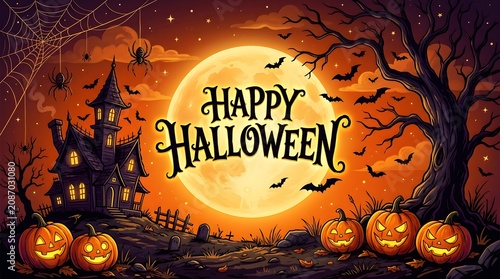 Happy halloween greeting card with haunted house and pumpkins