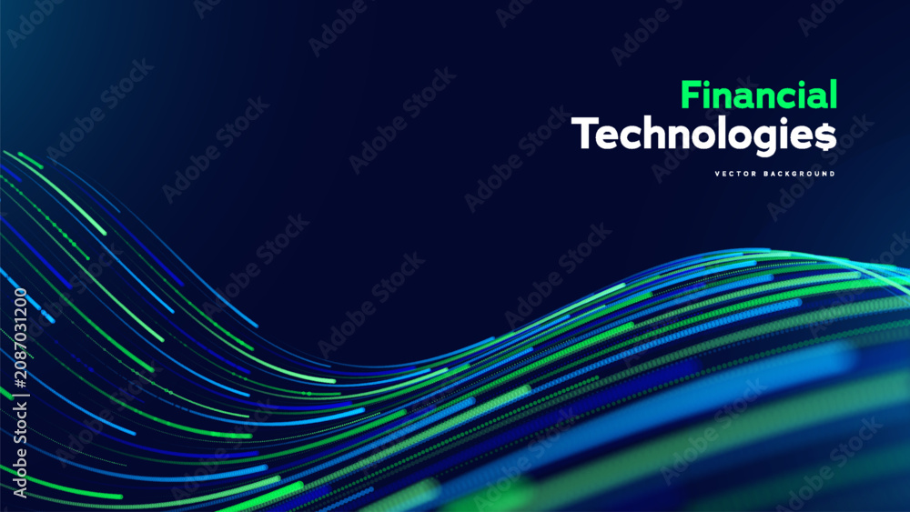 Fototapeta premium Financial Technology Data Wave Digital Finance Layout Shows Flowing Lines For App Landing Page, Investment Platform, Payment Banner, And Corporate Presentation Cover. Vector Illustration.