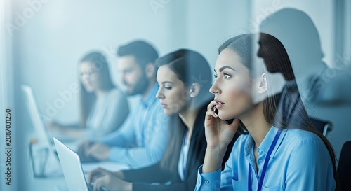 Focused business team working in modern office with woman on phone