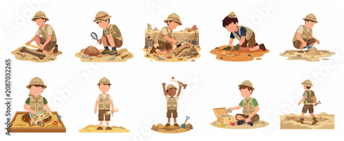 Canvastavla Set of vector illustrations of a young boy paleontologist and explorer searching for dinosaur bones and treasures