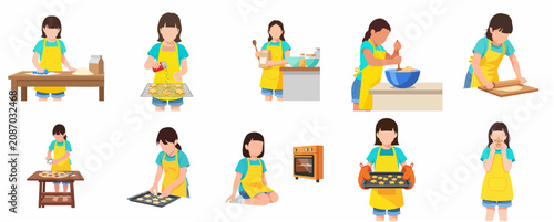 Vászonkép Vector Illustration Set of a Little Girl Baking Cookies Step by Step, Child Cook