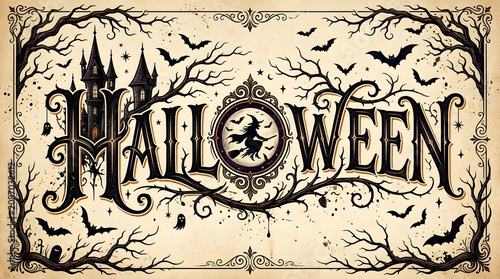 Vintage gothic halloween illustration with haunted castle and witch