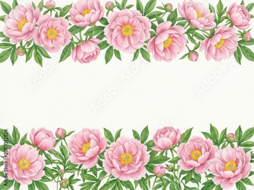 Beautiful border design featuring soft pink peony flowers and green leaves arranged in a horizontal floral frame isolated on white background