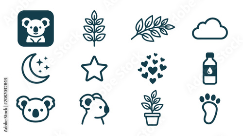 Canvas Print Set of twelve minimalist dark blue line icons on white background including koala bears, eucalyptus branches, crescent moon, stars, clouds, hearts, water bottle, potted plant, and paw print