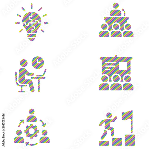 Halftone Dot Skill Development Icon Set Representing Workshop, Training, Learning, Teamwork, Productivity and Professional Growth.