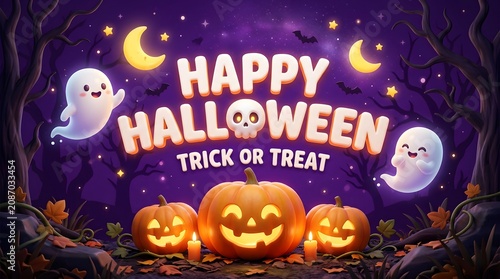 Happy halloween trick or treat festive illustration with pumpkins and ghosts