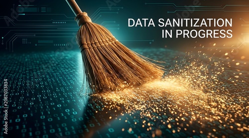 Conceptual 3D render of a broom sweeping glowing binary code for data sanitization and digital cleanup process