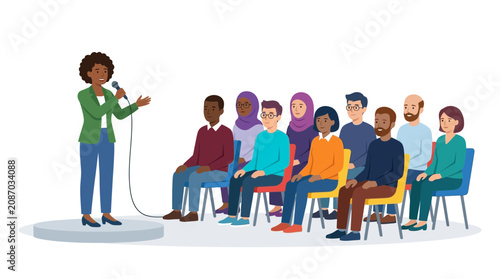 Diverse audience listens to female speaker at presentation or seminar