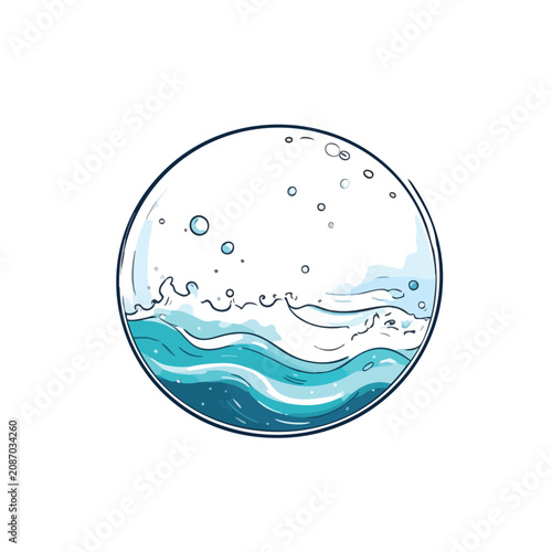 Abstract circular illustration of ocean waves and bubbles in a stylized hand drawn sketch style.