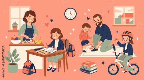 Family preparing for school and activities with parents helping children
