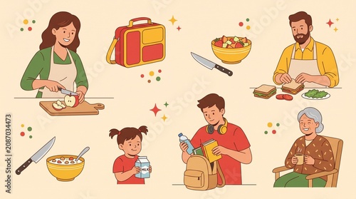Family preparing healthy meals and snacks for school and home