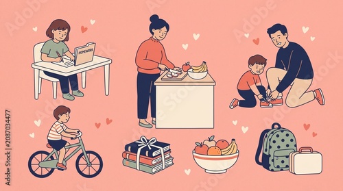 Family life illustration showing daily activities and care