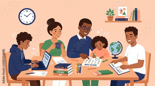 Family learning together at home with parents helping children with schoolwork