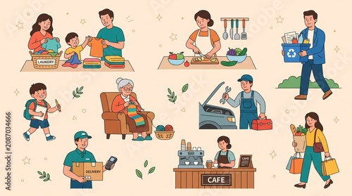 Diverse people engaged in daily life activities and professions