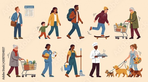 Diverse people in various professions and daily activities illustration