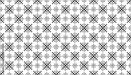 Minimalist halftone dot seamless pattern with black geometric grid texture isolated on white background is perfect for creative digital website backdrop tile design decoration