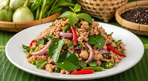 Traditional Thai spicy minced pork salad known as Larb Moo served on a white plate with herbs.