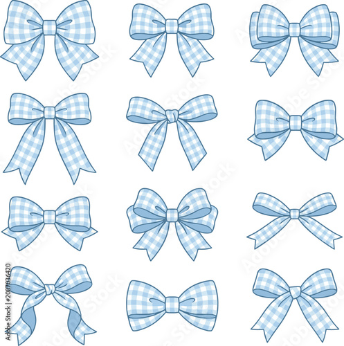 Blue Gingham Bow Collection Cute Ribbon Clipart Vector Illustration Set