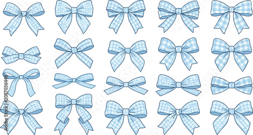 Blue Gingham Bow Collection Cute Ribbon Clipart Vector Illustration Set