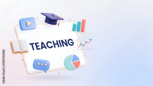 Digital teaching concept with tablet graduation cap icons and charts floating over light blue background with white area.