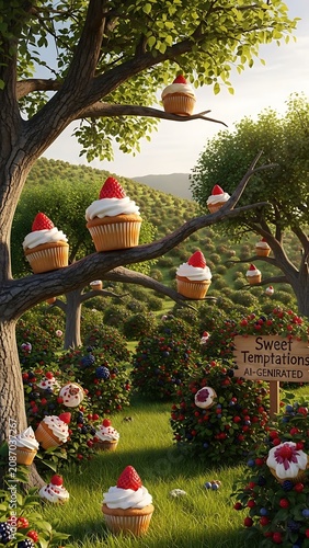 Whimsical Cupcake Forest Fantasy Landscape.