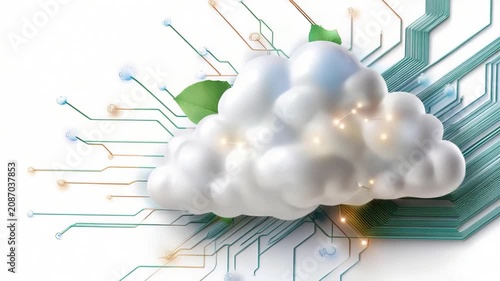 Cloud technology concept with circuit board and green leaves symbolizing eco-friendly innovation
