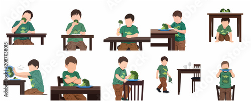 Принти на полотні Set of vector illustrations of a little boy eating and refusing broccoli, picky