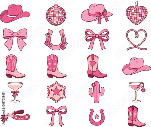 Pink Cowgirl Western Clipart Collection Coquette Rodeo Vector Illustration Set