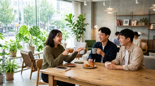 Friends Enjoying Conversation and Refreshments in Modern Coffee Shop