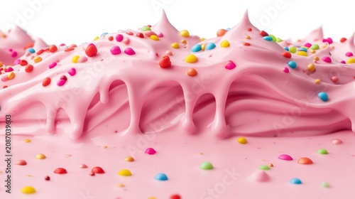 Pink cream with colorful sprinkles dripping down from top , isolated on white background