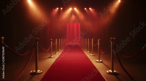 Red carpet with velvet ropes and gold stanchions leading to a stage illuminated by spotlights. Ideal for conveying exclusivity, fame, or special events.