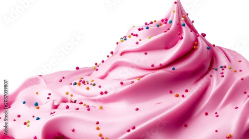 Pink cream with colorful sprinkles dripping down from top , isolated on white background