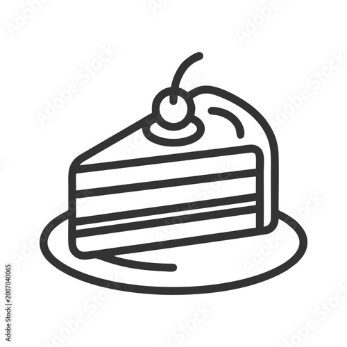 Cake Slice with Cherry Line Icon Vector