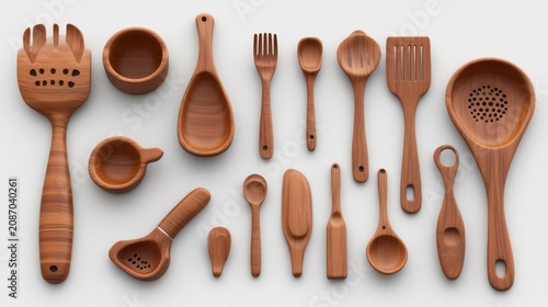wooden kitchen utensils on white
