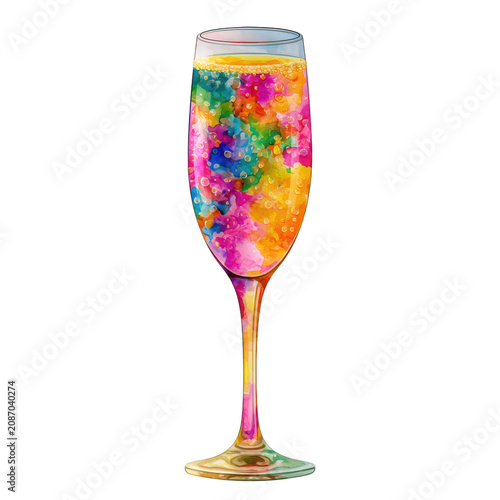 Watercolor champagne glass with bubbles, isolated on transparent background