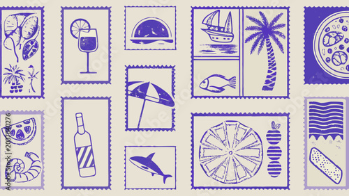 Quadro em tela Collection Of Purple Illustrated Stamp Designs Featuring Tropical Fruits Drinks