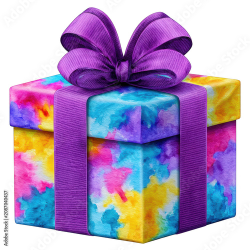 Vibrant watercolor gift box with bow, isolated on transparent background