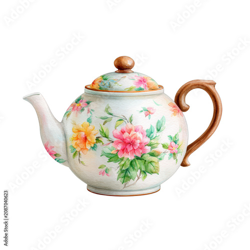 Ceramic floral teapot, isolated on transparent background