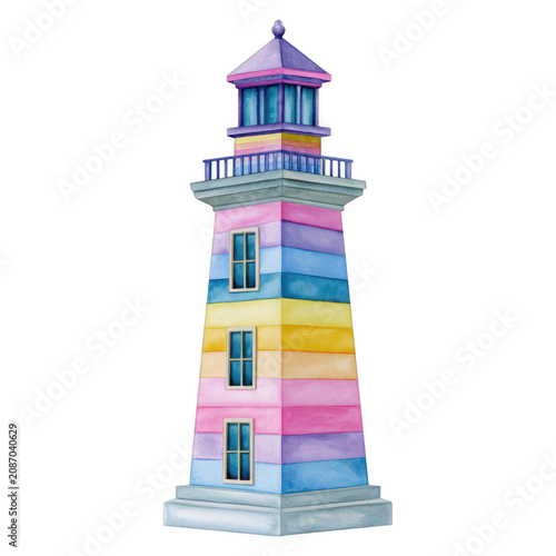 Striped lighthouse tower, isolated on transparent background