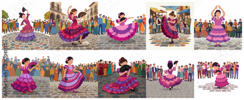 Vector illustration set of a young girl performing traditional flamenco dance in a purple dress on a cobblestone street with a crowd