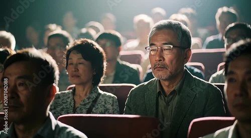 Diverse audience engrossed in a captivating performance, illuminated by stage lights.